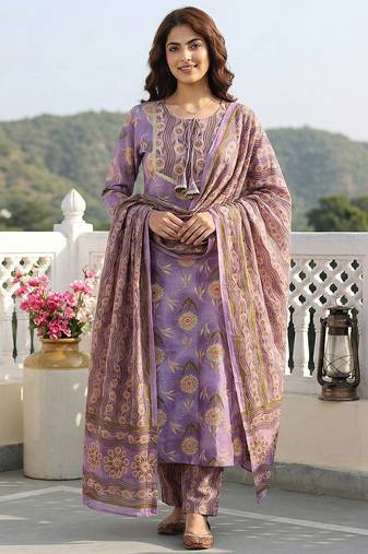 Anouk mauve printed pure cotton straight kurta set with dupatta