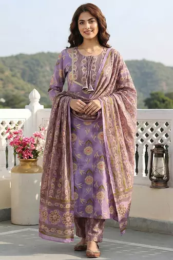 Anouk mauve printed pure cotton straight kurta set with dupatta