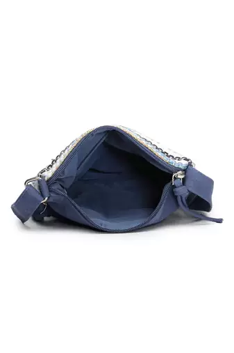 blue acrylic sling bag with striped pattern
