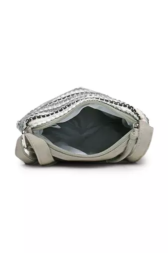 grey acrylic sling bag with striped pattern
