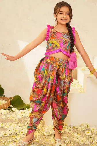 girls ethnic regular printed blouse & dhoti set