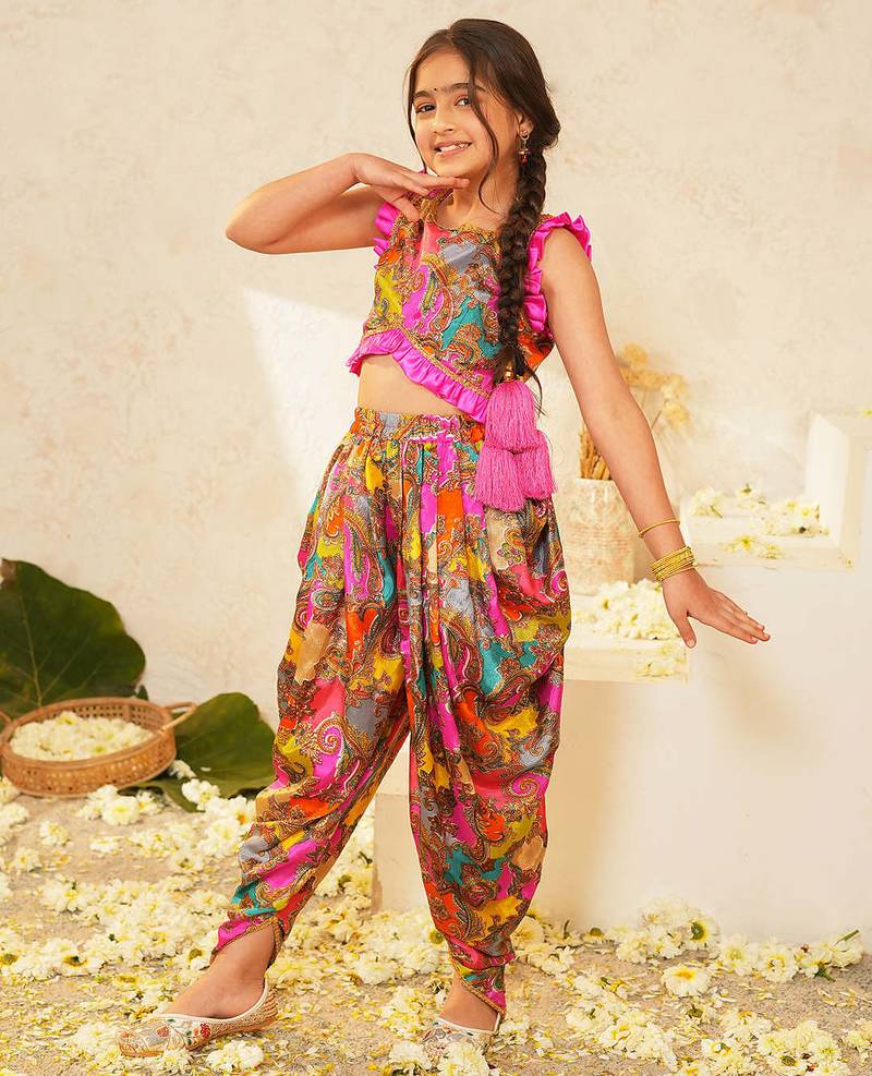 girls ethnic regular printed blouse & dhoti set