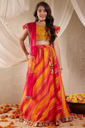 girls cotton blend sleeveless lehenga choli set with dupatta for girls (l-multikotafoil)