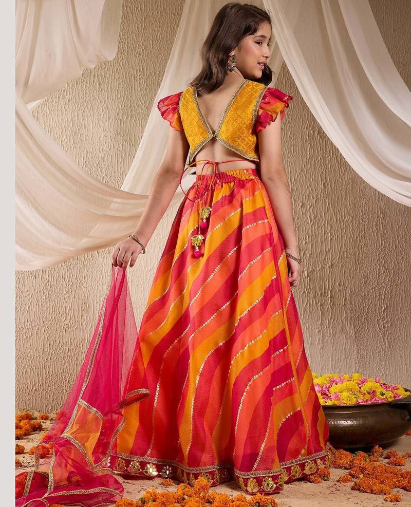 girls cotton blend sleeveless lehenga choli set with dupatta for girls (l-multikotafoil)