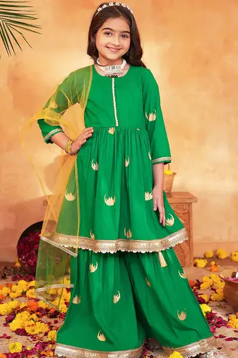 girls ethnic regular thread work kurta with sharara & with dupatta
