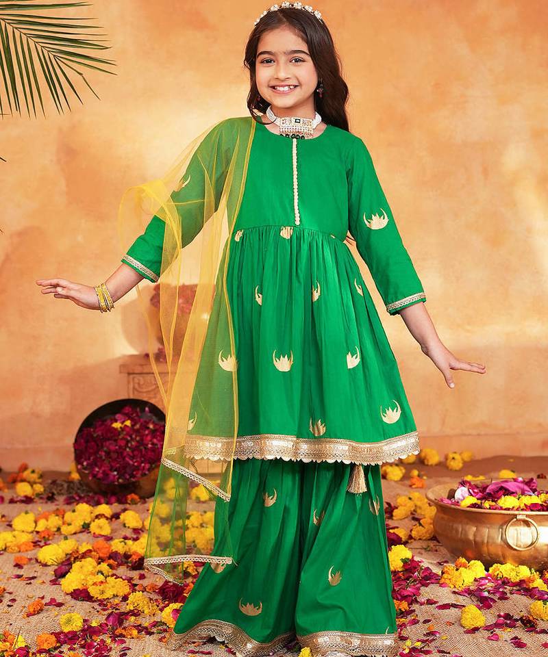girls ethnic regular thread work kurta with sharara & with dupatta