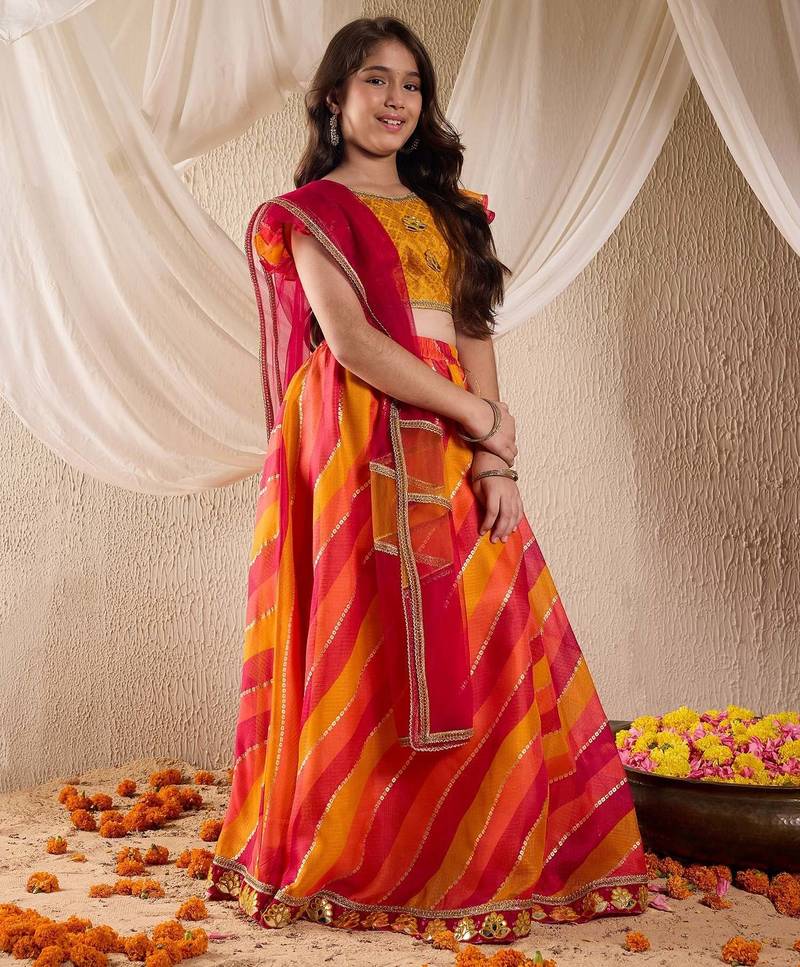 girls cotton blend sleeveless lehenga choli set with dupatta for girls (l-multikotafoil)