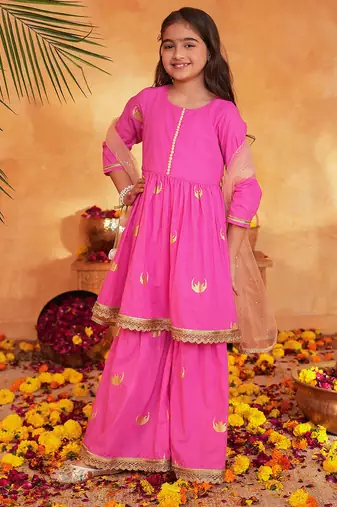 girls ethnic regular thread work kurta with sharara & with dupatta
