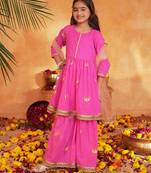 girls ethnic regular thread work kurta with sharara & with dupatta