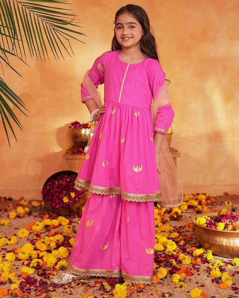 girls ethnic regular thread work kurta with sharara & with dupatta