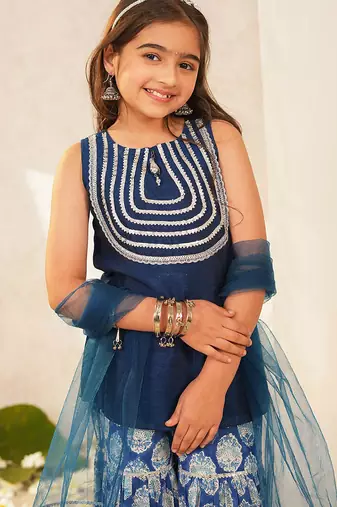 girls ethnic motifs embroidered regular thread work kurta with sharara & with dupatta