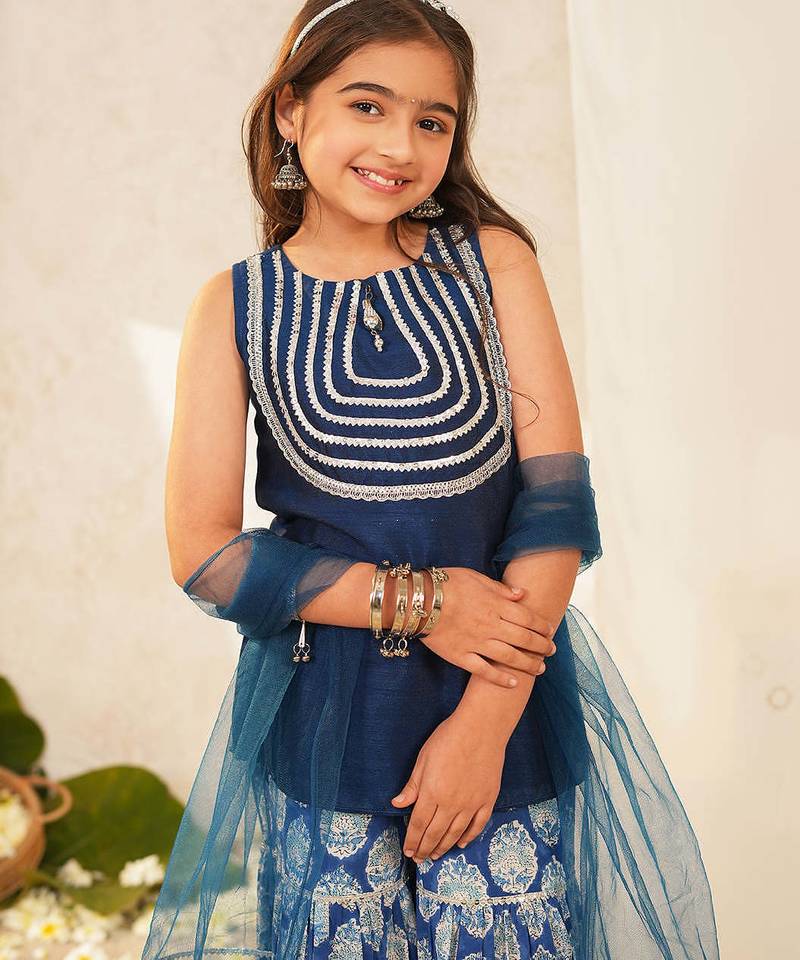 girls ethnic motifs embroidered regular thread work kurta with sharara & with dupatta