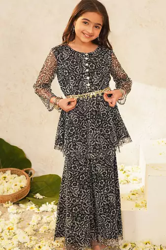 girls ethnic motifs printed regular kurta with sharara