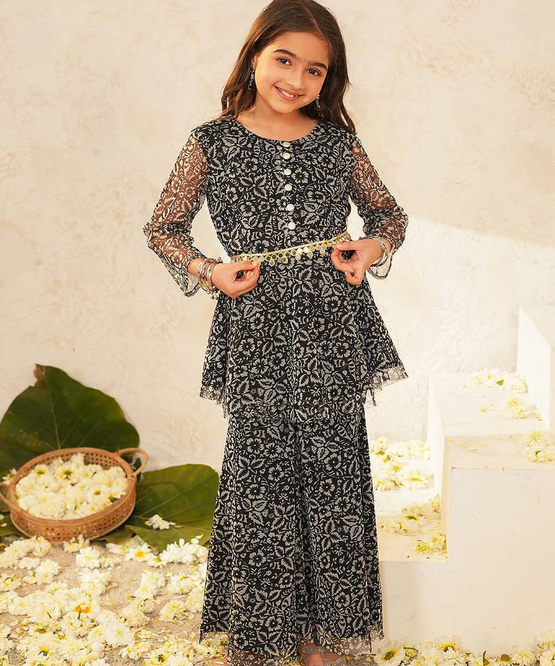 girls ethnic motifs printed regular kurta with sharara