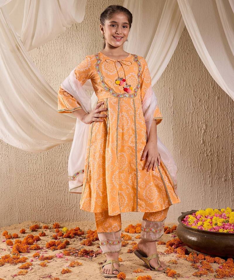 girls cotton 3/4th sleeves keyhole neck lehenga choli set with dupatta for girls (ks-orangebandhej)