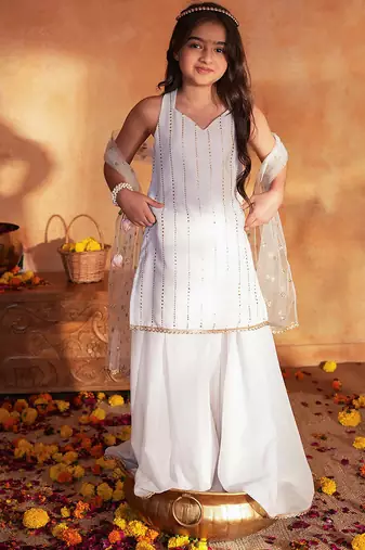 girls ethnic motifs printed regular sequinned kurta with sharara & with dupatta