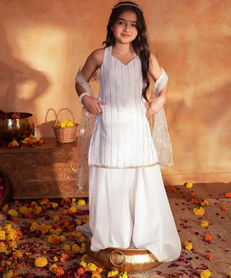 girls ethnic motifs printed regular sequinned kurta with sharara & with dupatta