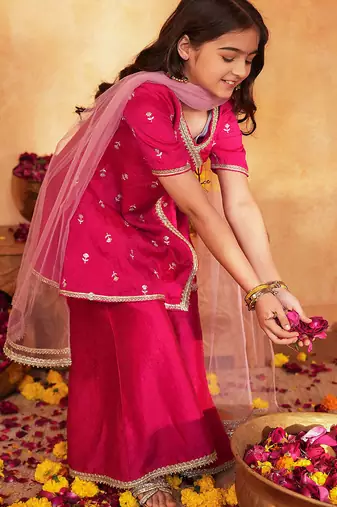 girls ethnic motifs embroidered angrakha thread work kurta with palazzos & with dupatta