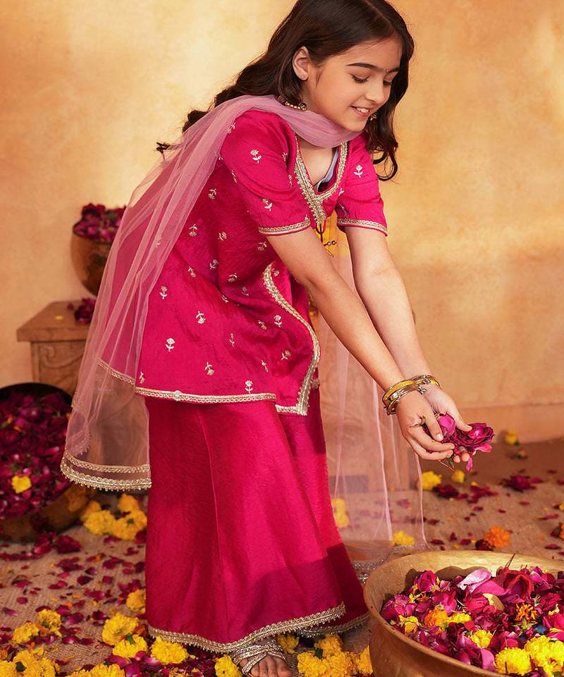 girls ethnic motifs embroidered angrakha thread work kurta with palazzos & with dupatta