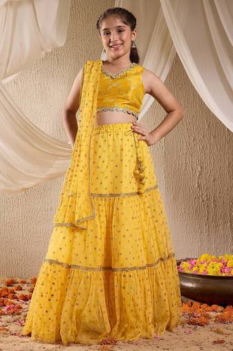 girls silk blend sleeveless v neck neck lehenga choli set with dupatta for girls (l-yellowmukaishwork)