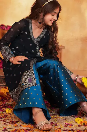 girls ethnic motifs printed angrakha thread work kurta with palazzos