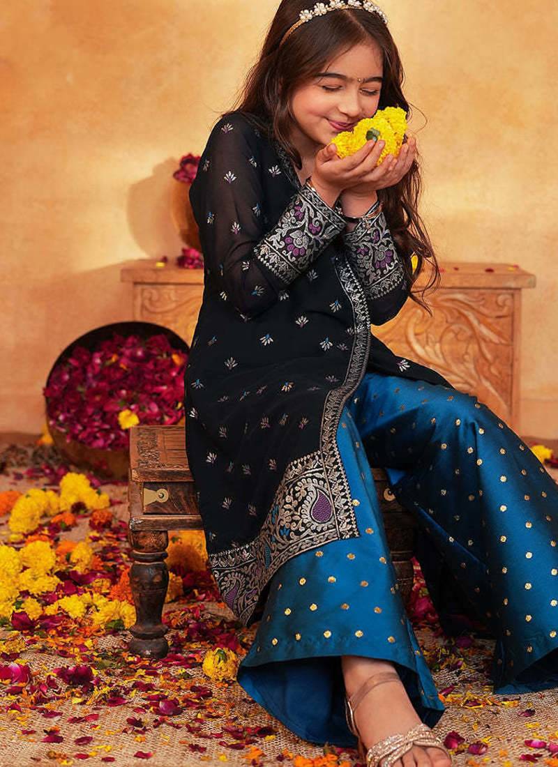 girls ethnic motifs printed angrakha thread work kurta with palazzos