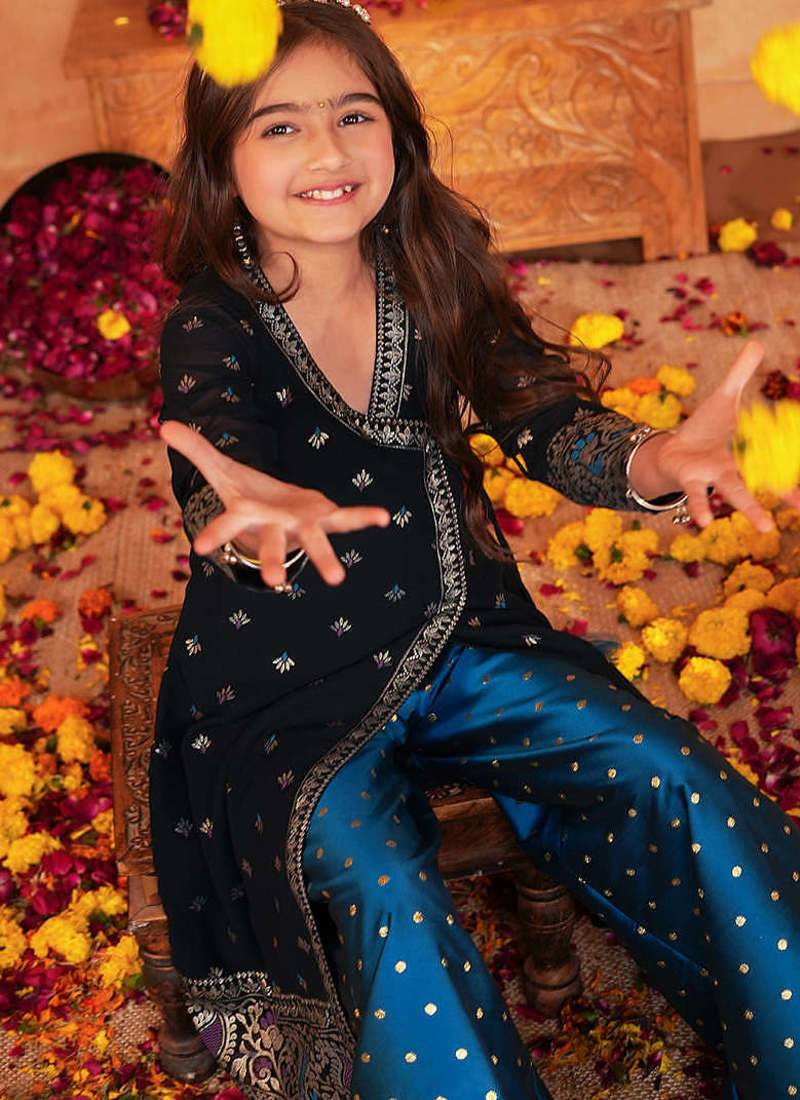 girls ethnic motifs printed angrakha thread work kurta with palazzos