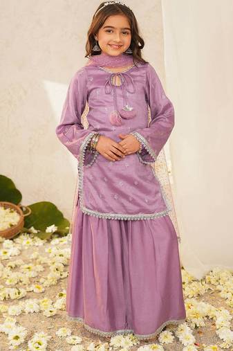 girls ethnic motifs embroidered regular thread work kurta with sharara & with dupatta