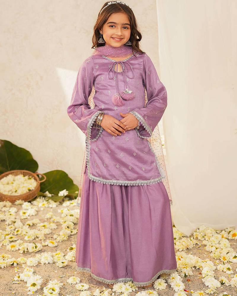 girls ethnic motifs embroidered regular thread work kurta with sharara & with dupatta