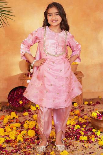 girls embroidered regular gotta patti kurta with dhoti pants