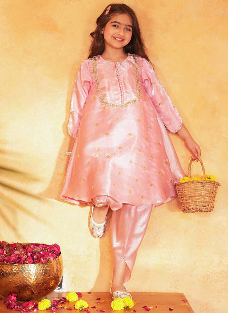 girls embroidered regular gotta patti kurta with dhoti pants