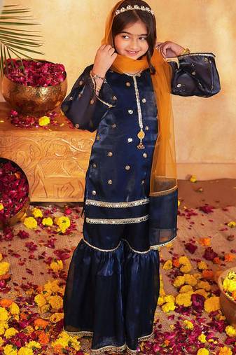 girls ethnic motifs embroidered regular gotta patti kurta with sharara & with dupatta