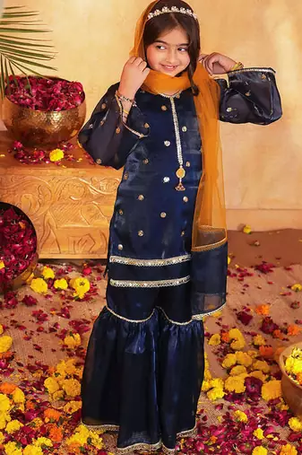 girls ethnic motifs embroidered regular gotta patti kurta with sharara & with dupatta