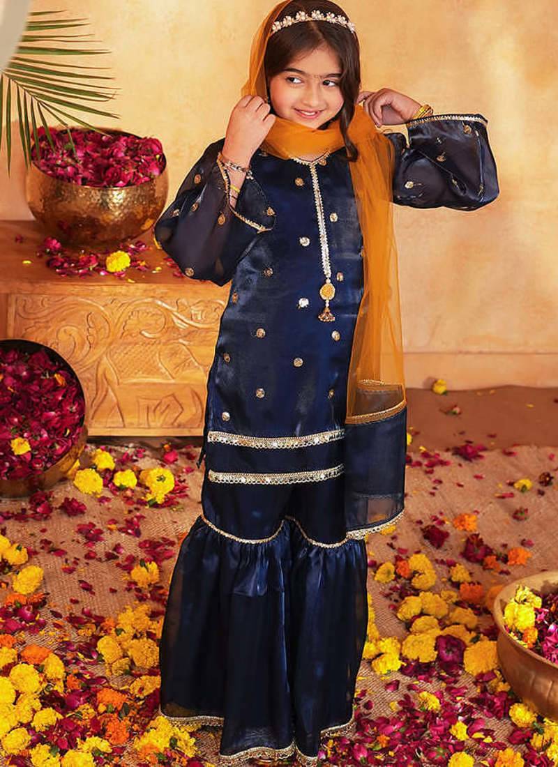 girls ethnic motifs embroidered regular gotta patti kurta with sharara & with dupatta