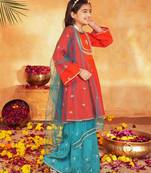 girls ethnic motifs embroidered regular thread work kurta & sharara with dupatta