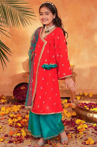 girls ethnic motifs embroidered angrakha thread work kurta & palazzos with dupatta