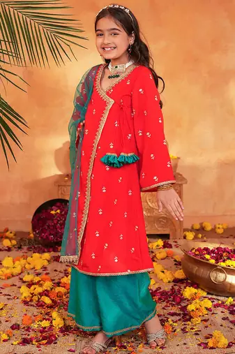 girls ethnic motifs embroidered angrakha thread work kurta & palazzos with dupatta