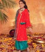 girls ethnic motifs embroidered angrakha thread work kurta & palazzos with dupatta