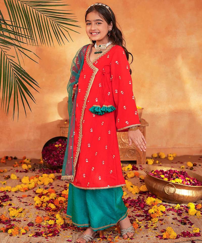 girls ethnic motifs embroidered angrakha thread work kurta & palazzos with dupatta
