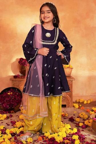 girls ethnic motifs embroidered regular thread work kurta & palazzos with dupatta