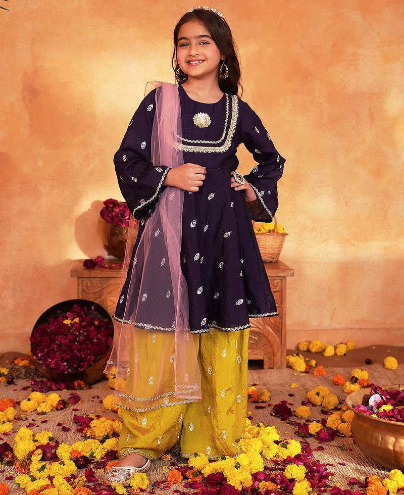 girls ethnic motifs embroidered regular thread work kurta & palazzos with dupatta
