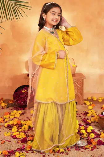 girls ethnic motifs embroidered angrakha thread work kurta & sharara with dupatta