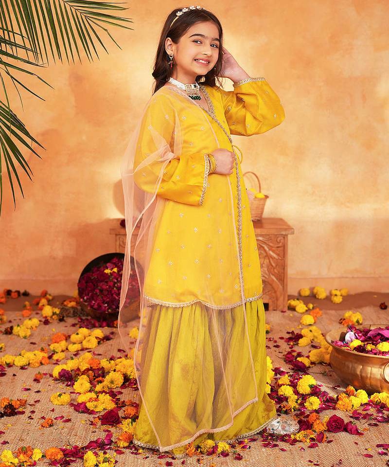 girls ethnic motifs embroidered angrakha thread work kurta & sharara with dupatta