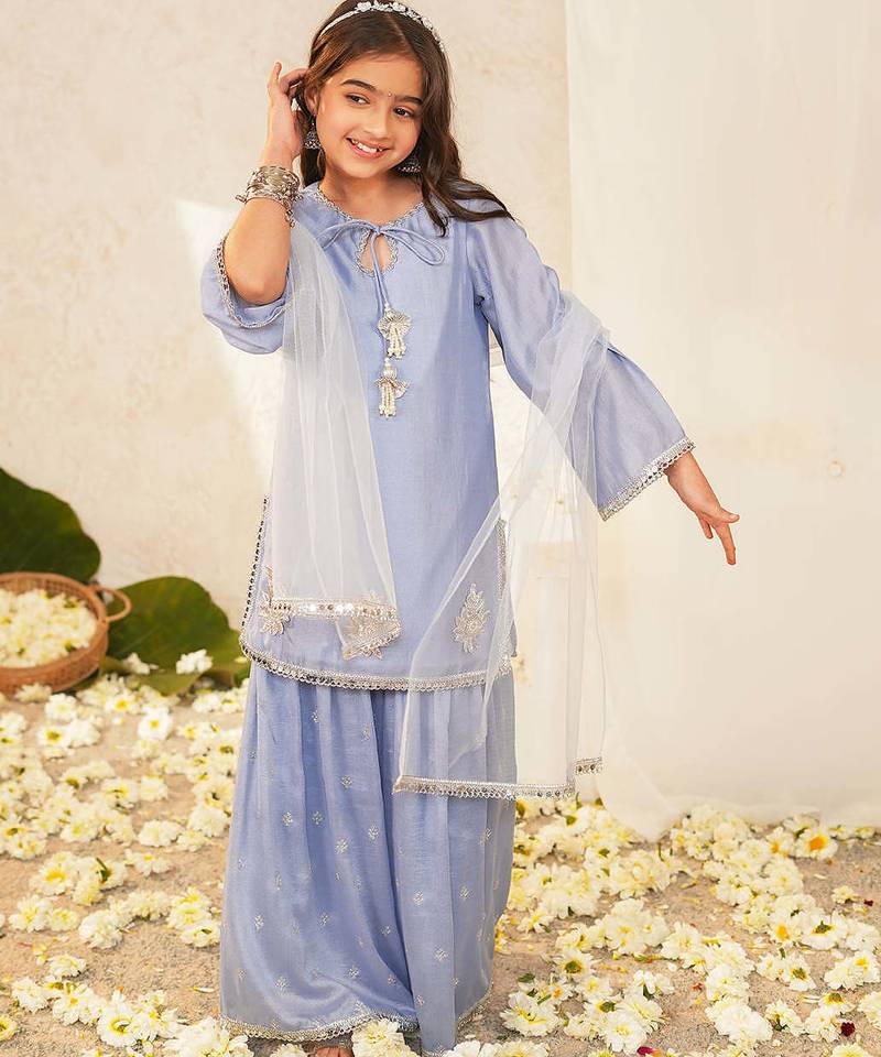 girls ethnic motifs embroidered regular thread work kurta sharara with dupatta