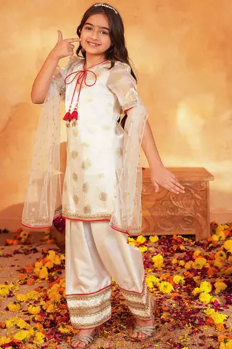 girls ethnic motifs printed regular thread work kurta with patiala & with dupatta