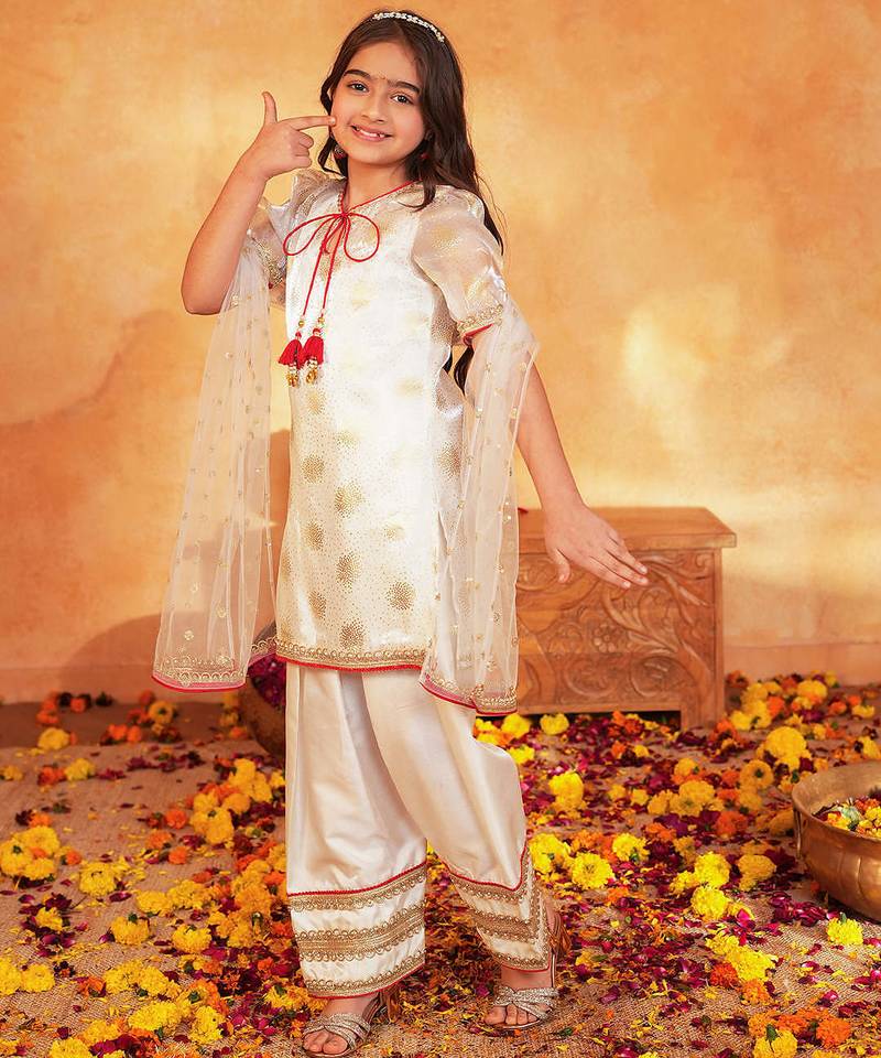 girls ethnic motifs printed regular thread work kurta with patiala & with dupatta