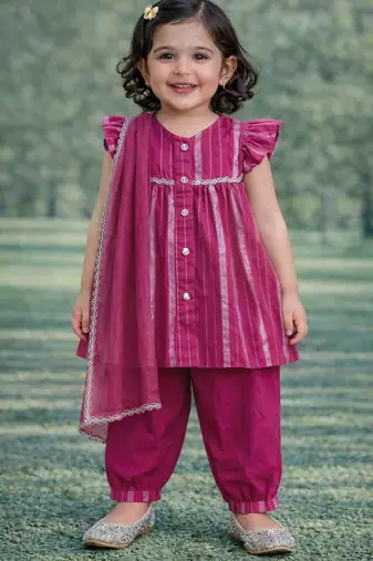 baby girl printed kurta pajama with dupatta set (ing-majentalurex)