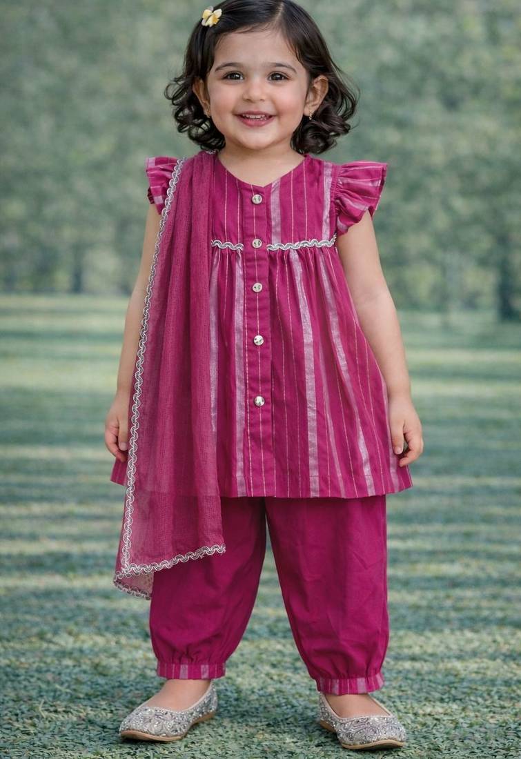 baby girl printed kurta pajama with dupatta set (ing-majentalurex)