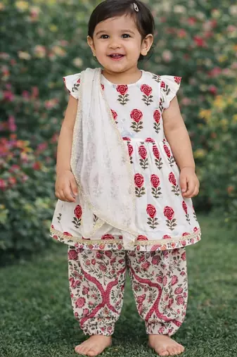 baby girls floral kurta set with dupatta (ing-whitebooti)