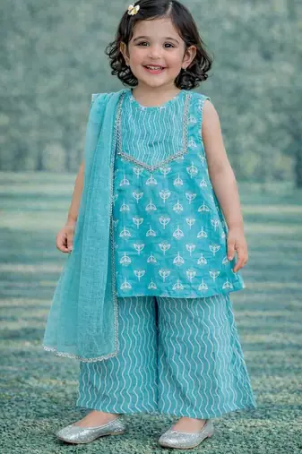 baby girl printed kurta palazzo with dupatta set (ing-bluekhaddi)
